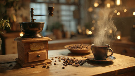 Coffee grinder and cup of coffee on wooden table in cafeの写真素材