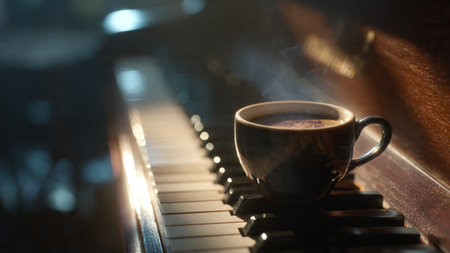 Cup of coffee on piano keys in dark room, closeupの写真素材