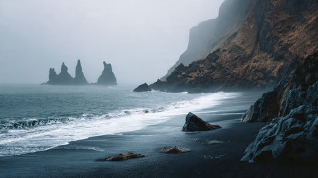 Foggy black sand beach at Reynisfjara, Iceland