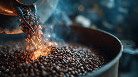 Coffee beans being roasted in a roasting pan, close upの写真素材