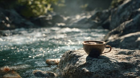 Coffee cup on the background of a beautiful mountain river.の写真素材