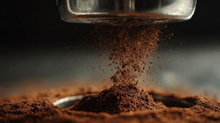 close-up of a coffee grinder pouring ground coffee into a cupの写真素材