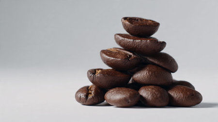 Coffee beans in a pyramid on a white background, close-upの写真素材
