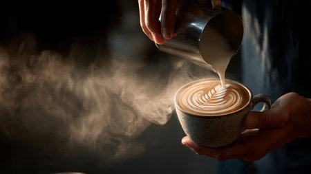 Barista pouring milk in a cup of cappuccino coffeeの写真素材