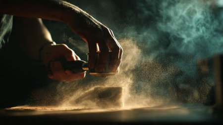 Close-up of a carpenter's hands using a grinder.