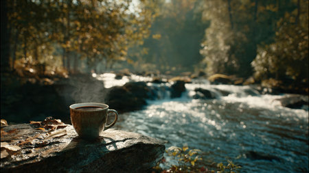 Cup of coffee on the background of a mountain river in the forestの写真素材