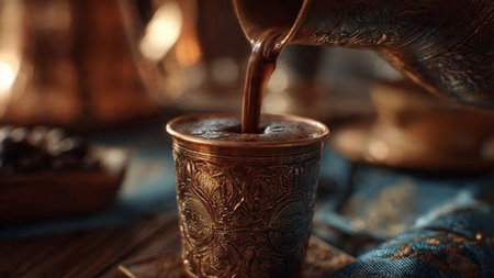 Turkish coffee in a copper cup on a blue tablecloth, selective focusの写真素材