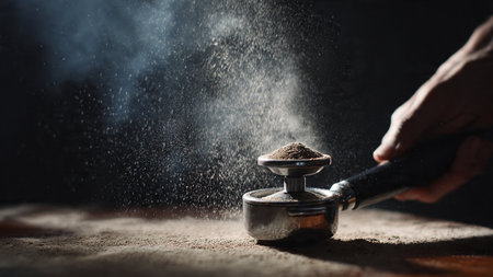 Coffee grinder with ground coffee on dark background, selective focusの写真素材