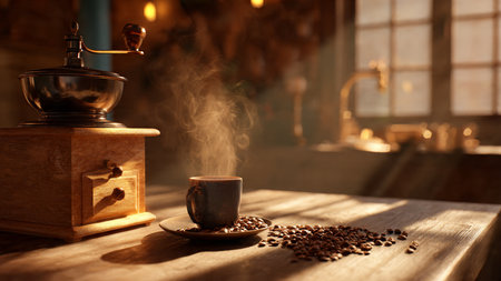 Coffee grinder and coffee beans on wooden table in cafeの写真素材