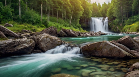 Beautiful waterfall in the forest. Long exposure. Mountain landscape.の写真素材
