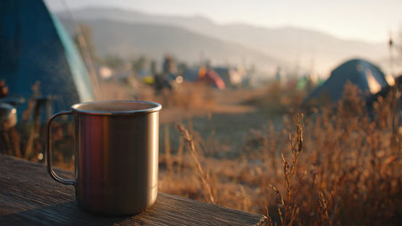 Mug of coffee on a wooden table near the tent at sunset