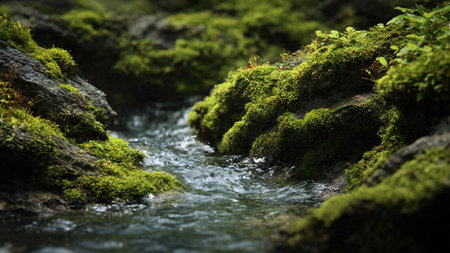 Mossy stones in the river. Natural background. Selective focus.の写真素材