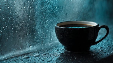 Cup of coffee on the window with rain drops close-upの写真素材