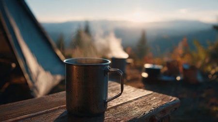 Mug of hot tea on the background of a camping tent in the mountains.の写真素材