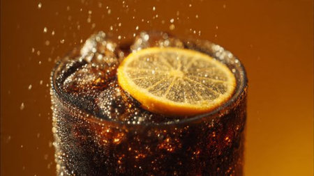 Cola with ice cubes and slice of lemon on brown background. Close up.の写真素材