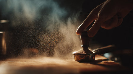 Close-up of a barista making coffee in the coffee shopの写真素材