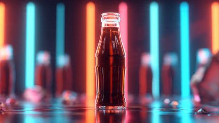 bottle of liquid on the background of colored neon lights.の写真素材