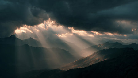 Sun rays shining through the clouds in the Himalayas, Nepalの写真素材