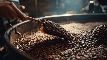 Coffee beans being roasted in a roasting machine, close up