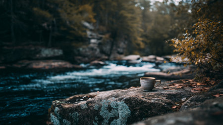 Cup of coffee on a rock in front of a mountain river