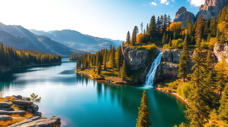 Waterfall in the mountains. Waterfall on the mountain lake.