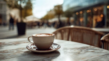 Cup of coffee on a table in a cafe. Selective focus.の写真素材