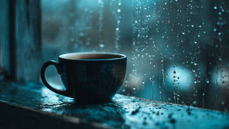 Coffee cup on the window with raindrops on the glassの写真素材