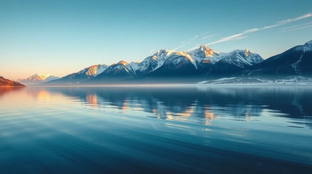 Mountains reflected in the calm water of Lake Wakatipu, Queenstown, New Zealandの写真素材