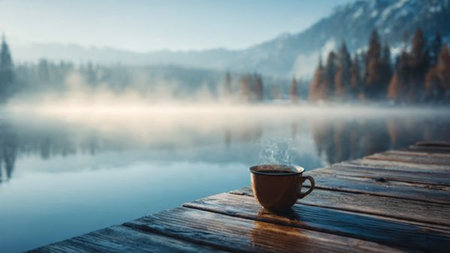 Cup of coffee on a wooden pier on a lake in the mountains.の写真素材