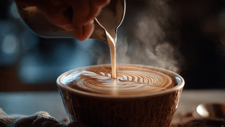 Barista pouring milk into a cup of hot latte art coffeeの写真素材