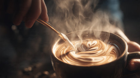 cup of coffee latte art on dark background,vintage styleの写真素材