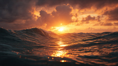Surf wave in ocean at sunset. 3d render illustration.