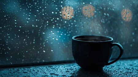 Coffee cup with rain drops on the window at night.の写真素材