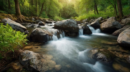 Mountain stream flowing through the forest in the morning, Thailand.