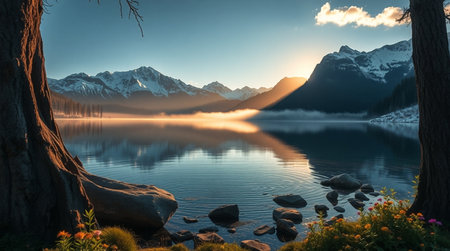 Sunrise over the lake with reflection of mountains and clouds in the water