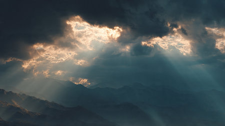 Sun rays shining through the clouds in the sky. 3d rendering