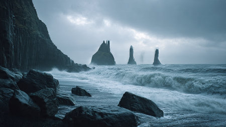 Famous Reynisdrangar rock formation on Reynisfjara beach, Icelandの写真素材
