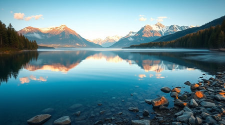 Mountain lake with reflection of snow-capped mountains at sunset.の写真素材