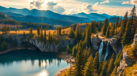 Aerial panoramic view of a mountain lake at sunset.の写真素材