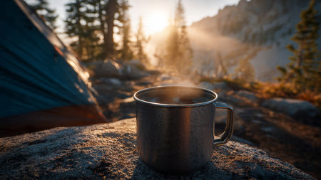 Mug of hot coffee on the background of tent in the mountainsの写真素材