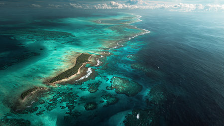 Aerial view of the coral reef and turquoise sea.