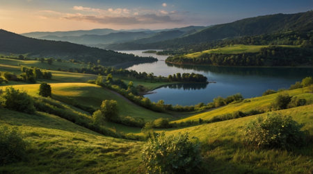 Beautiful summer landscape with lake and mountains in the background. Ukraineの写真素材