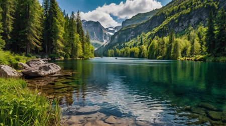Panoramic view of alpine lake in the Alps, Austriaの写真素材