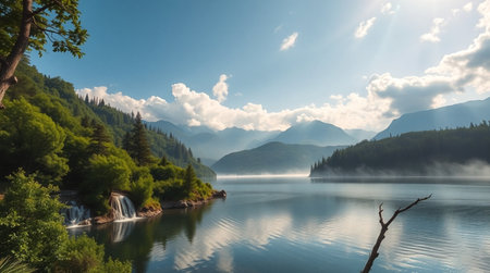 Foggy morning on a mountain lake. Beautiful summer landscape.