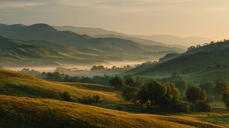 Morning. The hills are shrouded in fog.