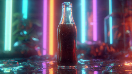 Bottle of cola on dark background with colorful neon lights.の写真素材