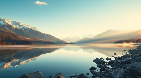 Mountains reflected in the calm water of Lake Wanaka, New Zealandの写真素材