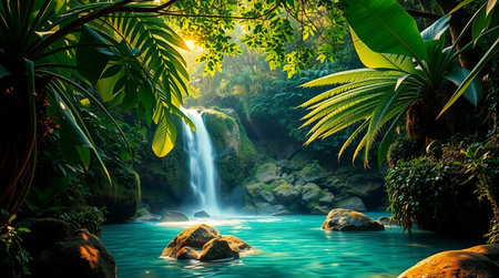 Tropical waterfall in the rainforest. Beautiful natural background.の写真素材