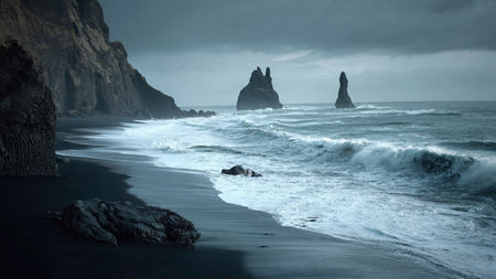 Black sand beach at Reynisdrangar, Vik, Icelandの写真素材