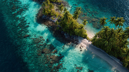 Aerial view of beautiful tropical island with palm trees and turquoise sea